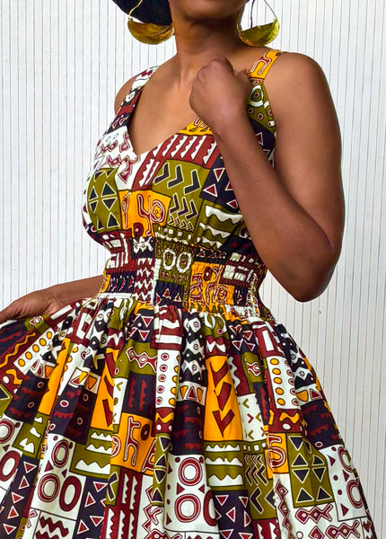 Fatu full skirt dress in a geometric print.
