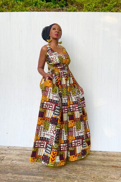 Fatu full skirt dress in a geometric print.