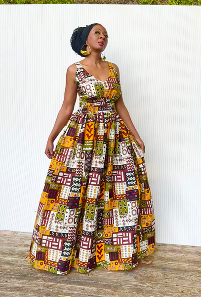 Fatu full skirt dress in a geometric print.