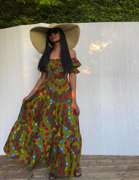 Tande Peasant bohemian maxi dress in green.