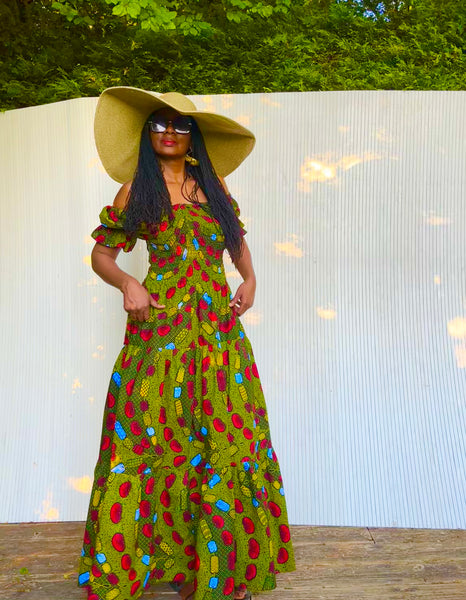 Tande Peasant bohemian maxi dress in green.