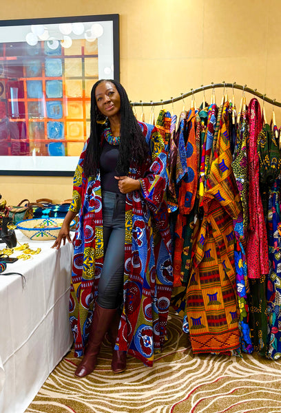 African print Rohe kimono in a bold contemporary African print.