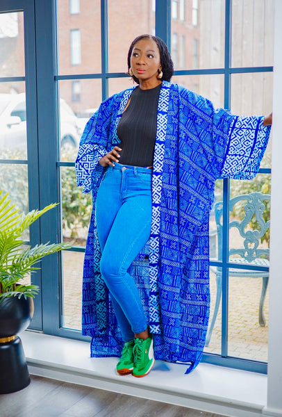Rohe freesize kimono in a contemporary African print.
