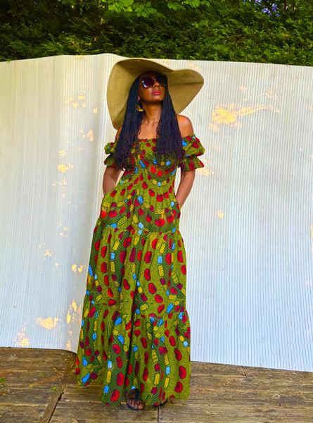 Tande Peasant bohemian maxi dress in green.