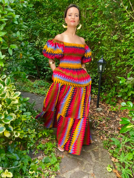 JAFFE smocked dress with  puff sleeves in red.
