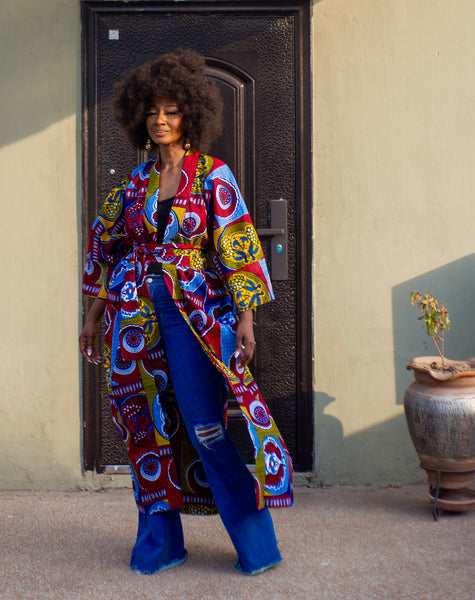 African print Rohe kimono in a bold contemporary African print.