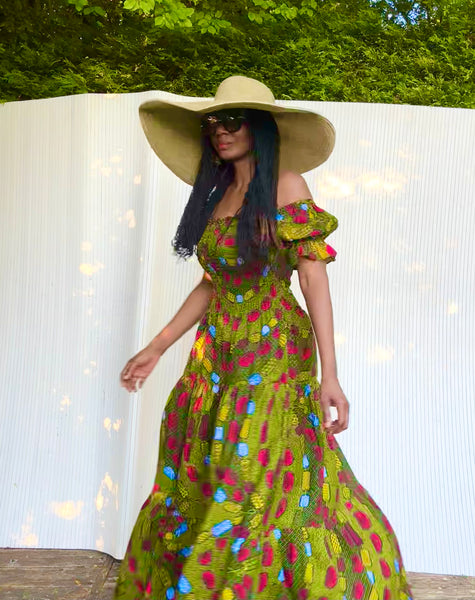 Tande Peasant bohemian maxi dress in green.