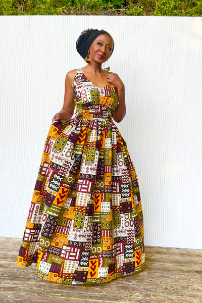Fatu full skirt dress in a geometric print.