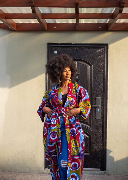 African print Rohe kimono in a bold contemporary African print.