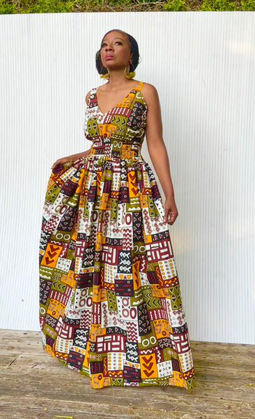 Fatu full skirt dress in a geometric print.