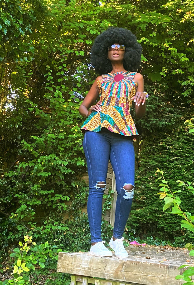 WUNAM peplum Ankara top in Green and burgundy – House of Afrika