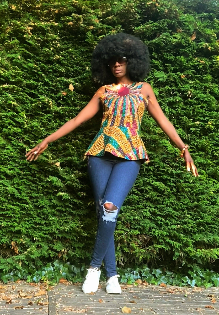 WUNAM peplum Ankara top in Green and burgundy – House of Afrika