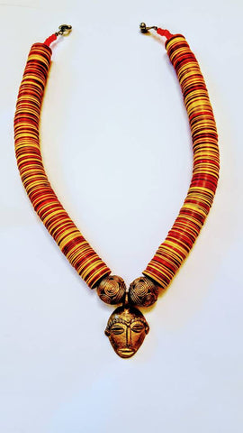 African beaded necklace with bronze African mask pendant