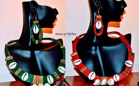 Leather and cowrie combo necklace and earrings set
