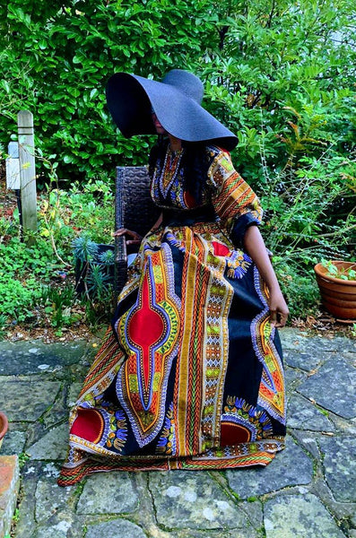 SANDE black dashiki maxi dress with full sleeves