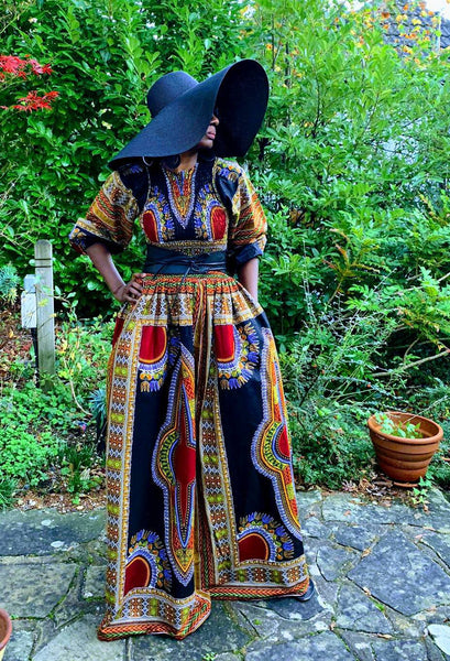 SANDE black dashiki maxi dress with full sleeves