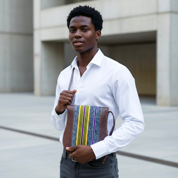 Ghanaian Gye Nyame Leather bag with handwoven fugu.