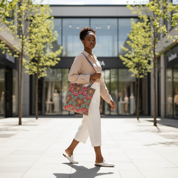Oversized padded Tote bag in bold geometric contemporary African print.