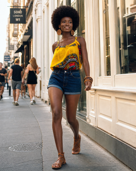 Yello Dashiki asymmetrical loose top.