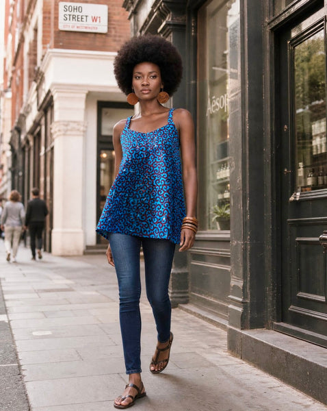 African print loose swing summer top in blue.