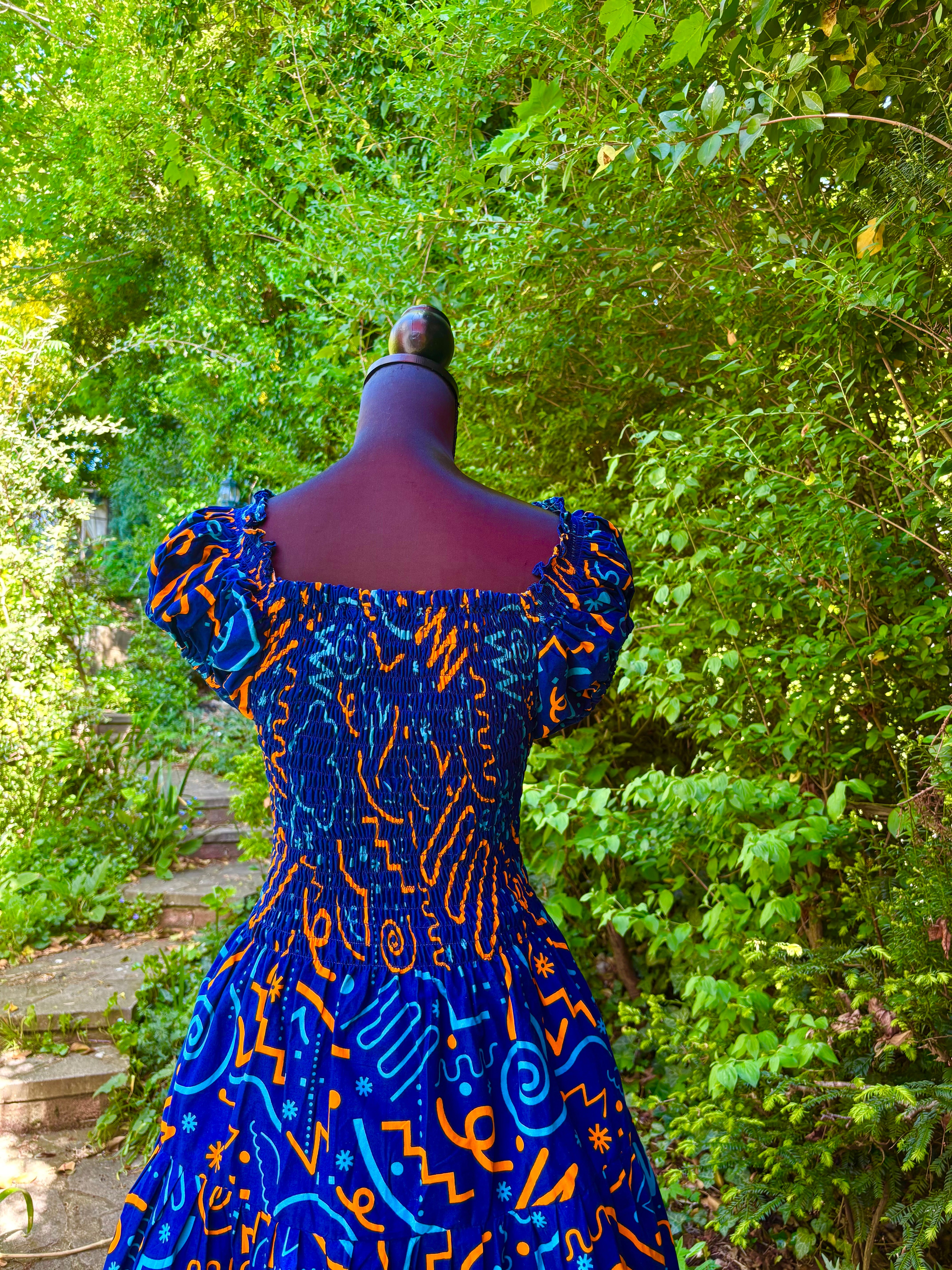 Smocked Ankara dress in blue.