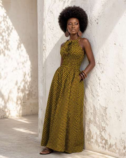 Ameena halter neck maxi dress in a geometric print.