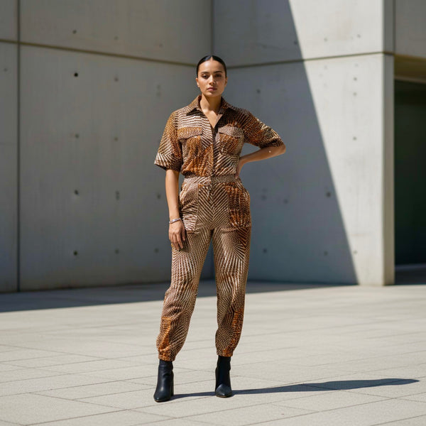 Razi jumpsuit in a geometric contemporary African print.