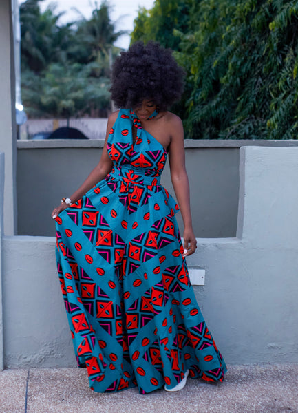 Fula free size palazzo infinity jumpsuit in green and red Aztec print.