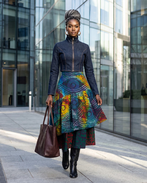 Azichi tiered skirt in a hand dyed fabric in a multicoloured palette.