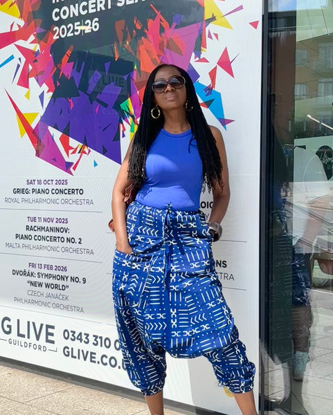 Harem pants in a geometric blue and white African print.