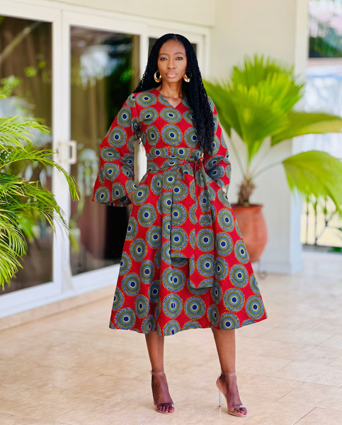 Mina Flared sleeve belted dress in a geometric print.