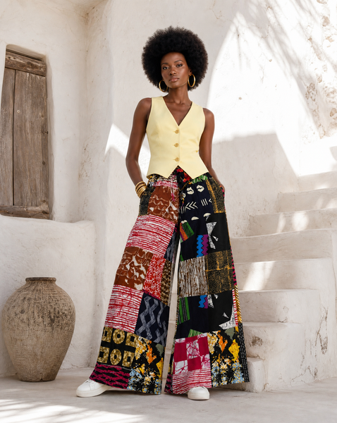 New. Ndini Wide leg one of a kind patchwork African print trousers.