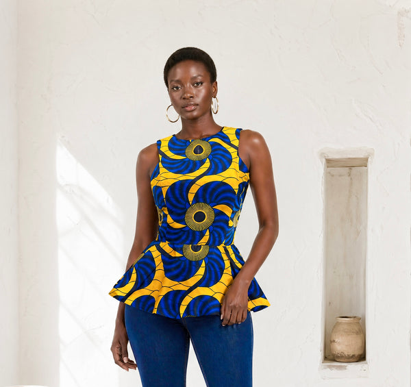 WUNAM Peplum top in mustard and blue