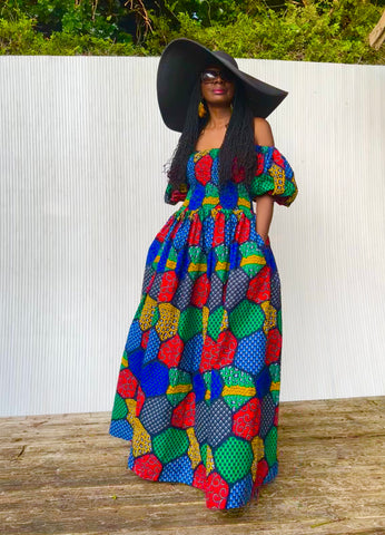 Jaffa statement sleeve maxi dress in a vibrant geometric print.
