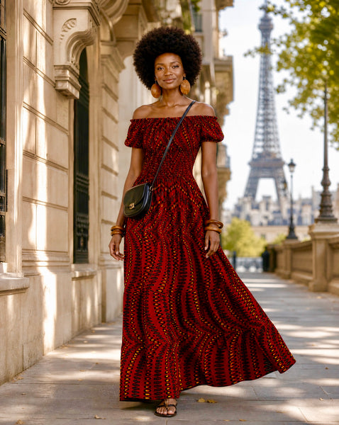 Afro Bohemian peasant inspired African print maxi dress.
