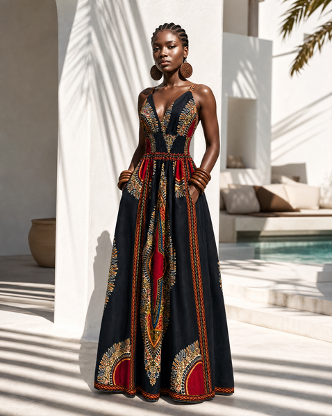 Black dashiki sleeveless maxi dress with double straps.