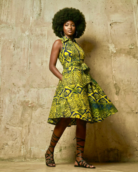 Shali collared sleeveless dress in a hand made tye and dye fabric.