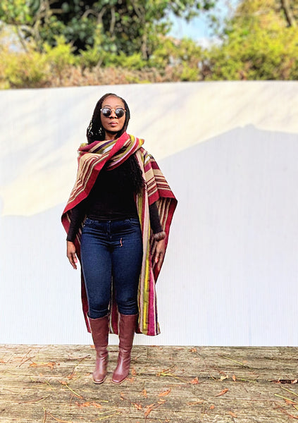 Yelawa handwoven unisex kimono in multicoloured stripes.