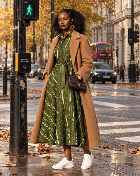 Shali sleeveless dress in a olive green geometric African print.