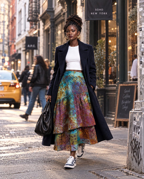 Azichi tiered skirt in a hand dyed fabric in a multicoloured palette.