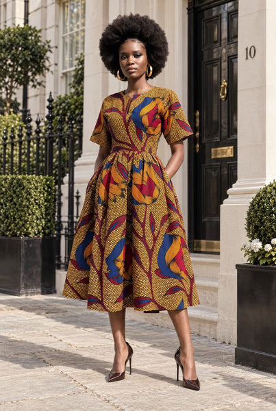 Bini full skirt dress in a leafy floral African print.