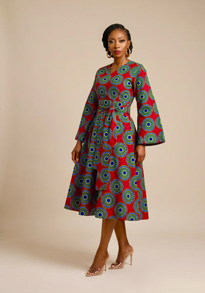 Mina Flared sleeve belted dress in a geometric print.