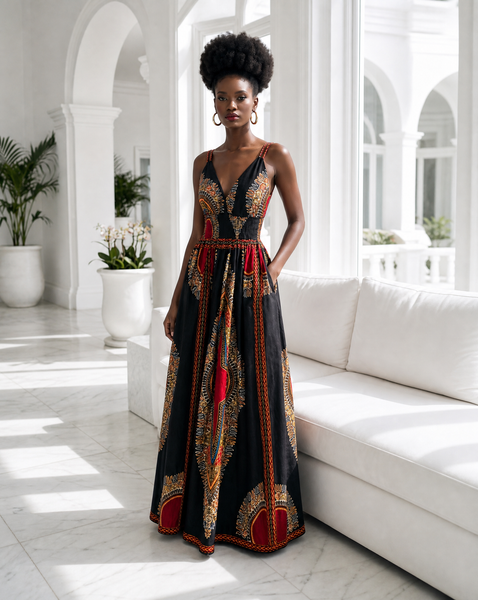 Black dashiki sleeveless maxi dress with double straps.