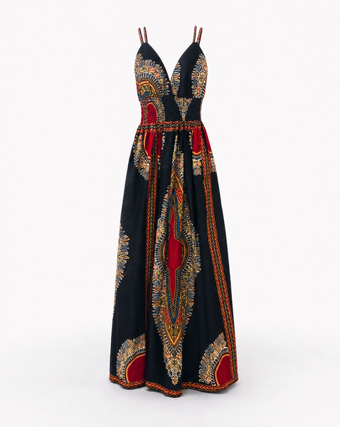 Black dashiki sleeveless maxi dress with double straps.