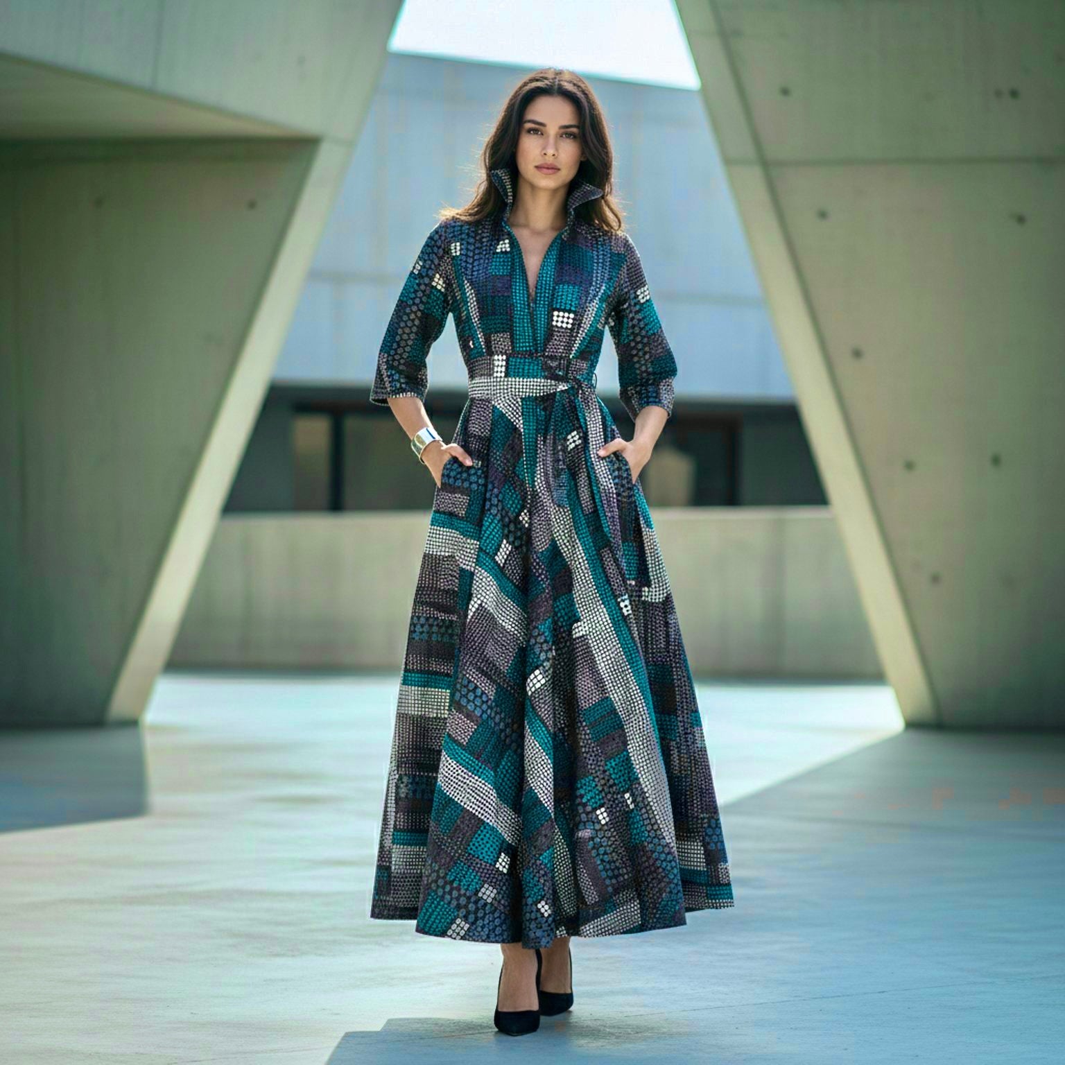 Tahama belted maxi shirt dress in a geometric print.
