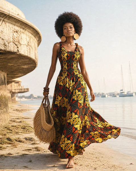 Fit and flare maxi dress in a vibrant contemporary African print.