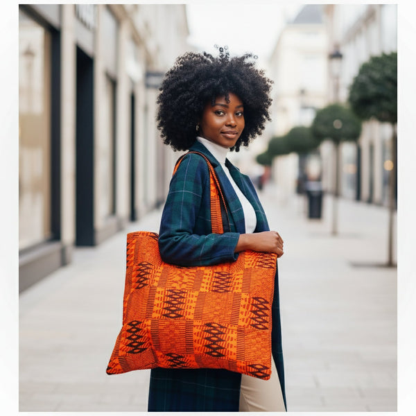 Oversized padded Tote bag in A vibrant kente print.