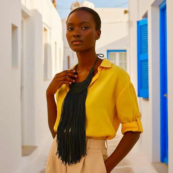 Dark green statement leather necklace.