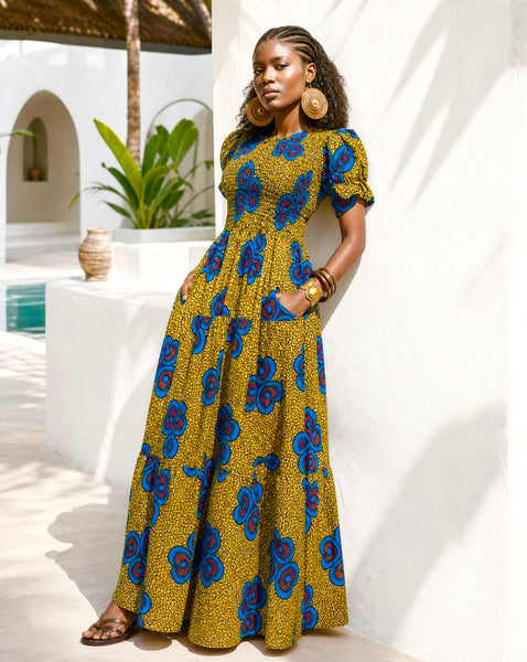 Tande peasant inspired smocked maxi dress.