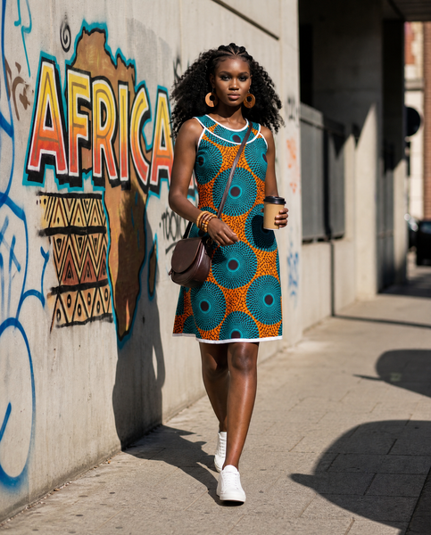 A line shift dress in a bold geometric vintage African print .